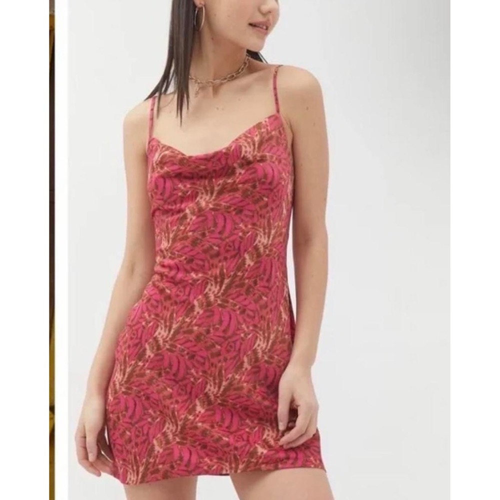 Urban Outfitters Pink Tropical Leaf Cowl Neck Mini Slip Dress S Party Y2K 90s
